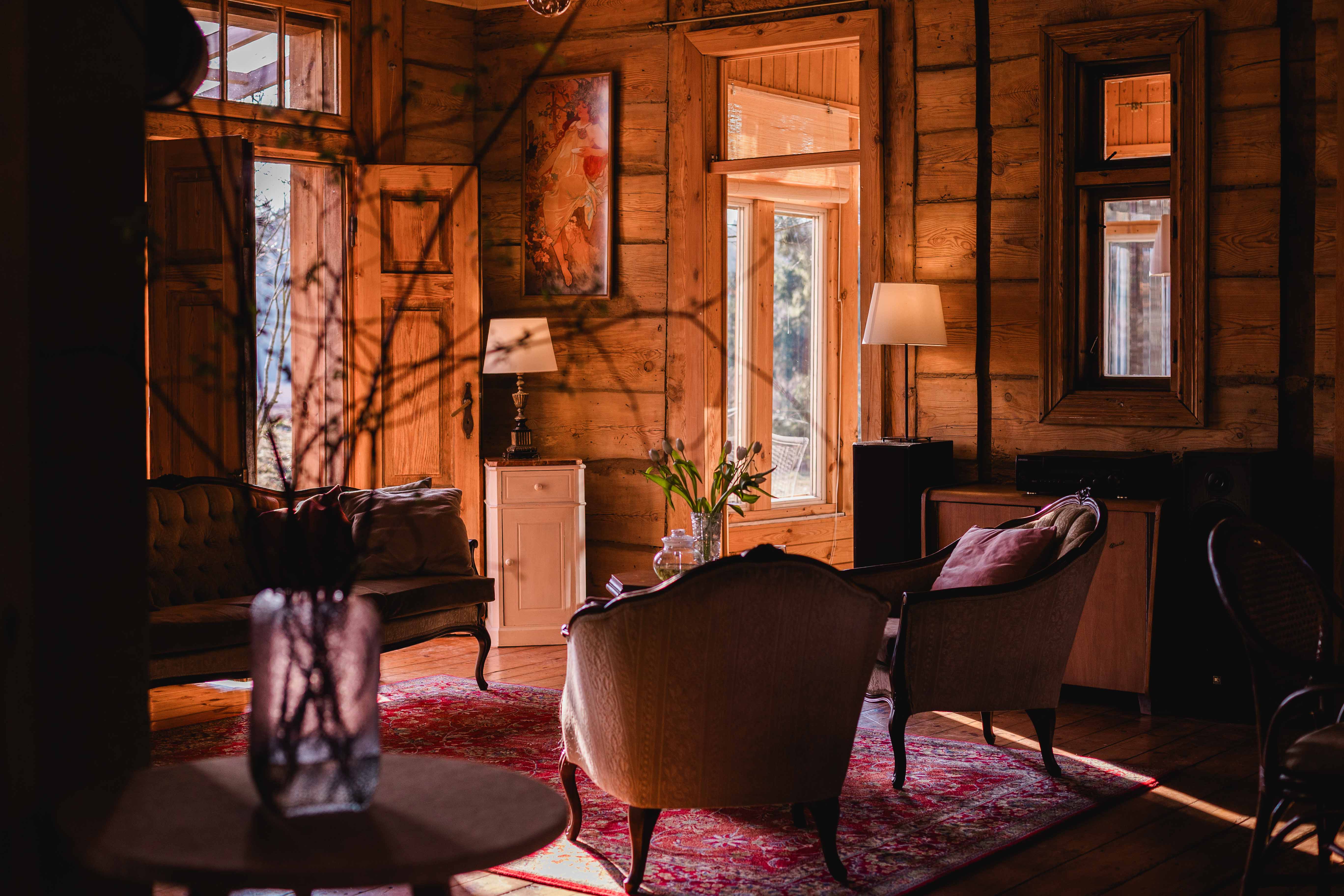 Przestronny salon z kominkiem w domu wakacyjnym Butterfly Factory